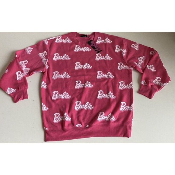 Barbie Hot Pink Logo Crewneck Sweatshirt Mattel Barbie Movie Women’s Sz L NEW - Picture 1 of 9
